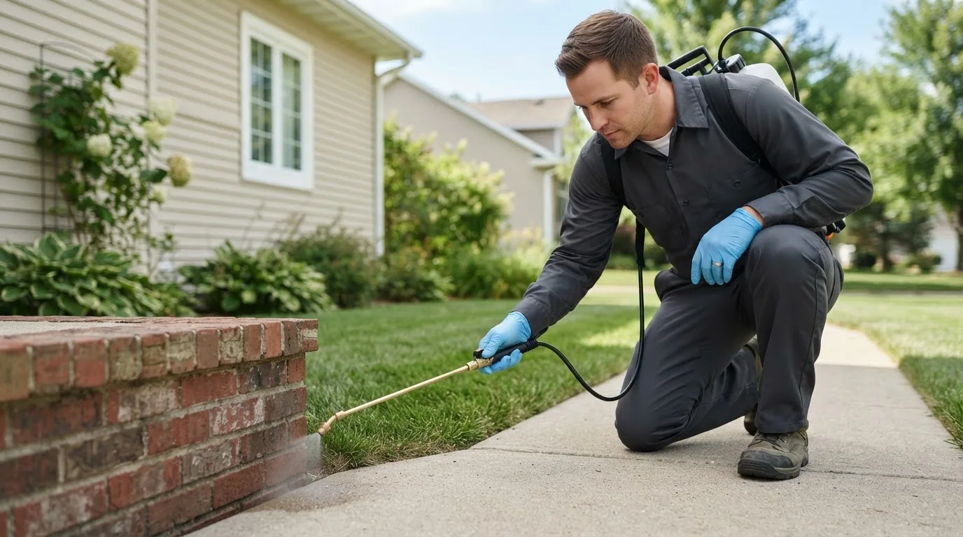 Pest control technician treating a home near Hamshire, TX