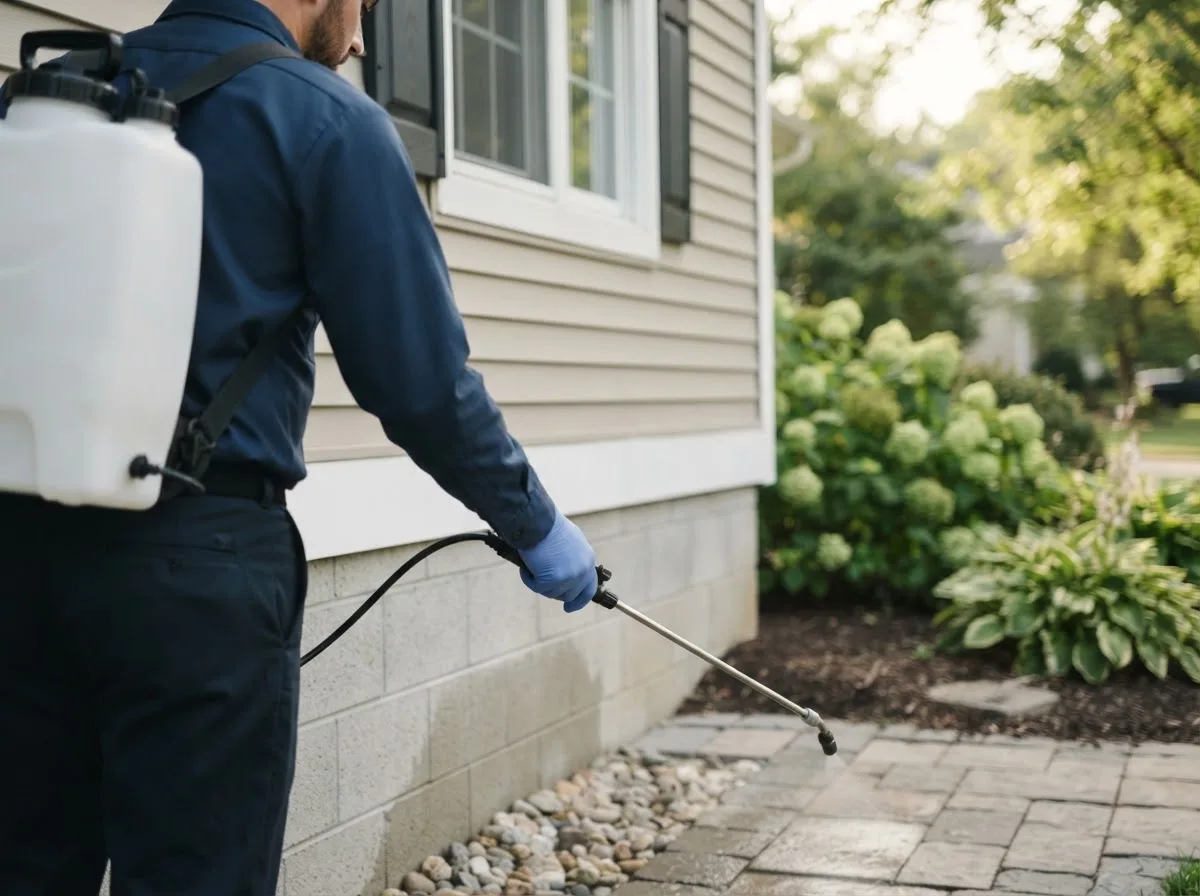Pest control technician inspecting a home in Hamshire, TX